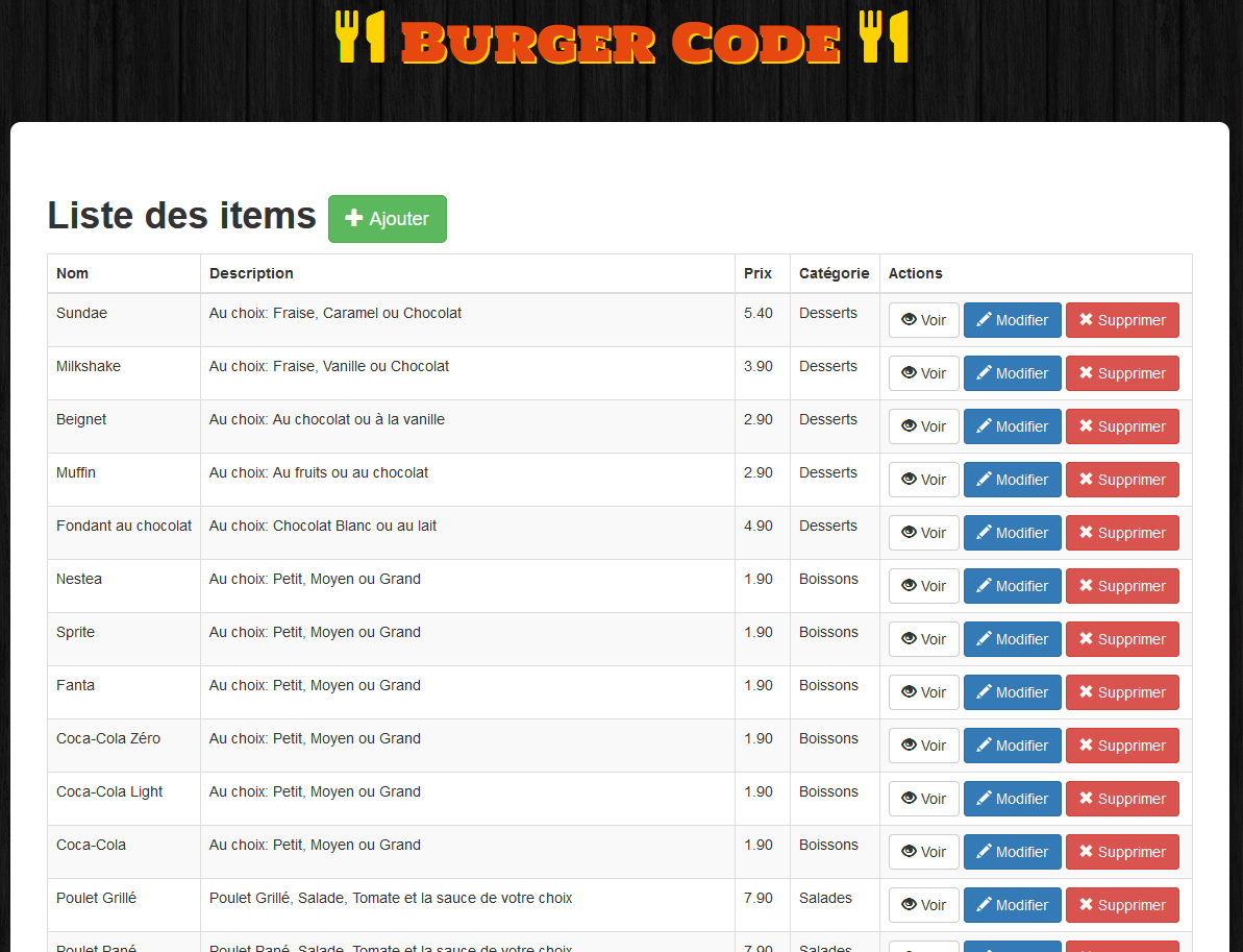Liste des items